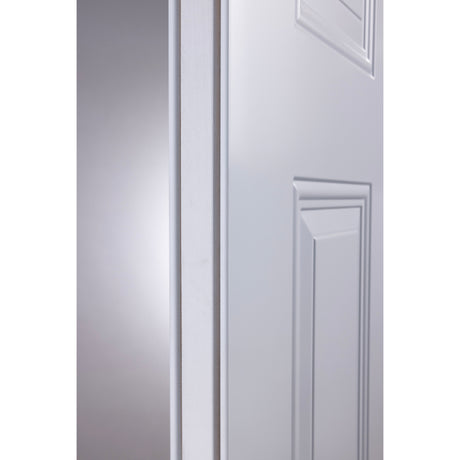 Close-up of the steel edge on a white steel entry door