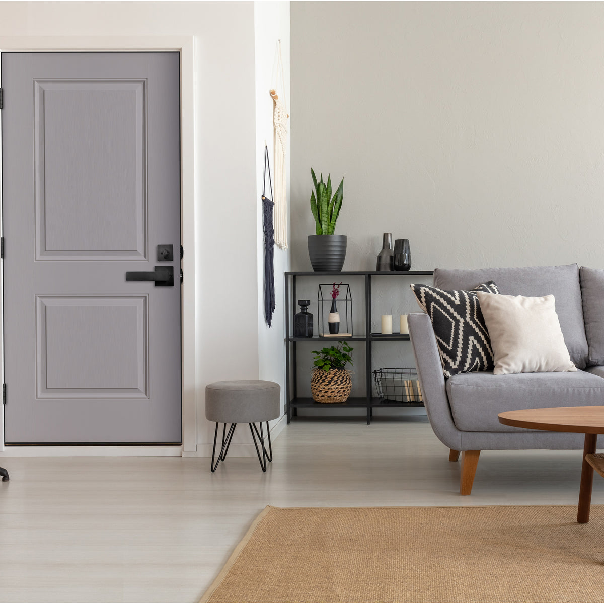 20-minute fire-rated 2 Panel fiberglass entry door, shown installed