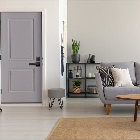 20-minute fire-rated 2 Panel fiberglass entry door, shown installed
