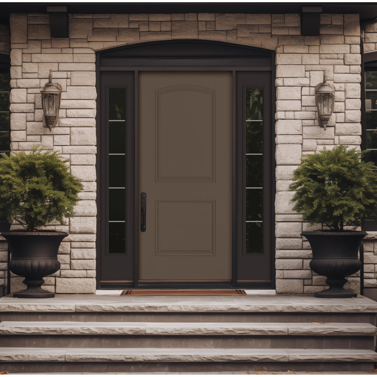 2 Panel Cambertop fiberglass entry door, shown installed