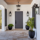 Hurricane-rated 2 Panel Cambertop Plank fiberglass entry door, shown installed