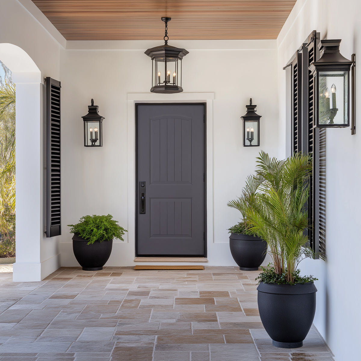 Hurricane-rated 2 Panel Cambertop Plank fiberglass entry door, shown installed