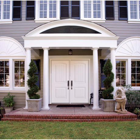 2 Panel Cambertop Plank steel entry door, shown installed