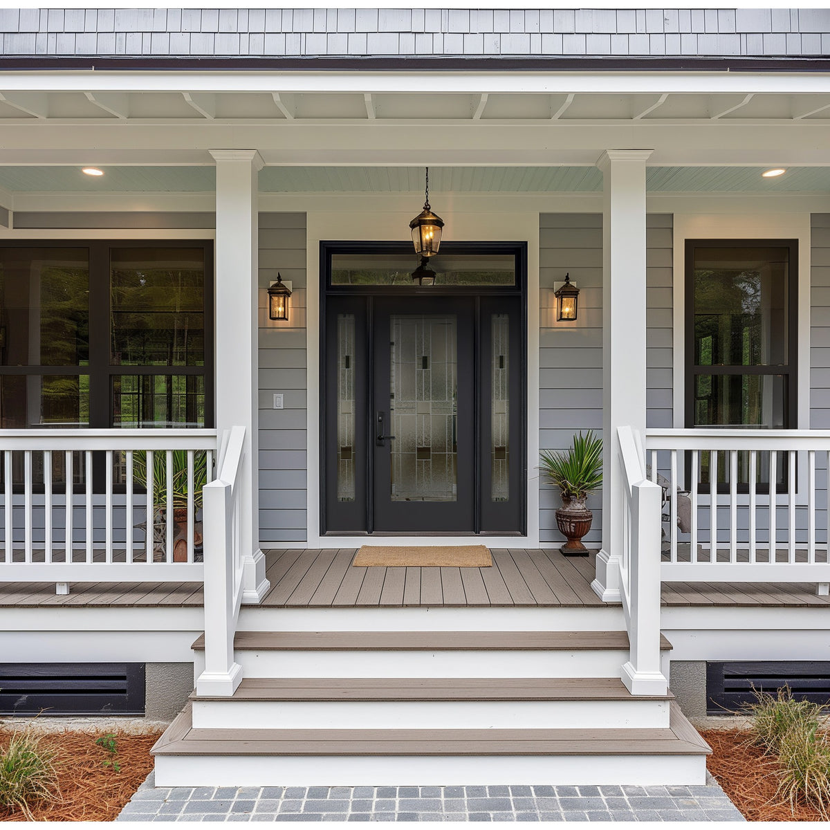 Full lite flush glazed fiberglass entry door with Austin glass, shown installed