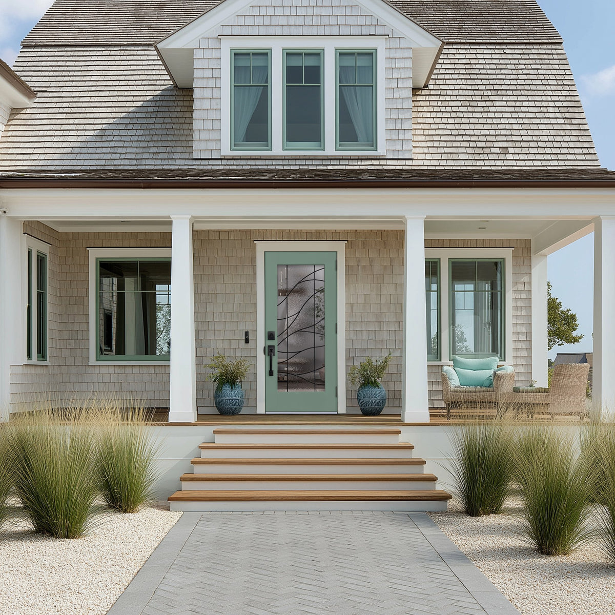 Full lite flush glazed fiberglass entry door with Briselle glass, shown installed