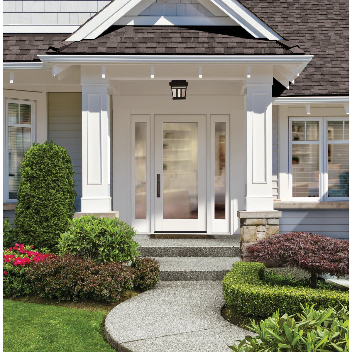 Full lite flush glazed fiberglass entry door with clear glass, shown installed