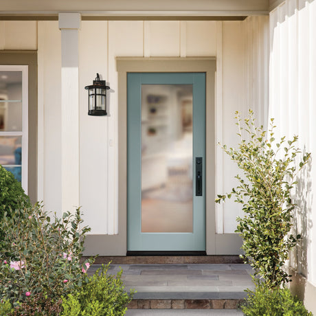 Full lite flush glazed fiberglass entry door with clear glass, shown installed