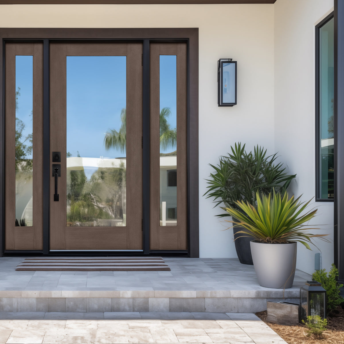 Hurricane-rated full lite flush glazed fiberglass entry door with clear glass, shown installed