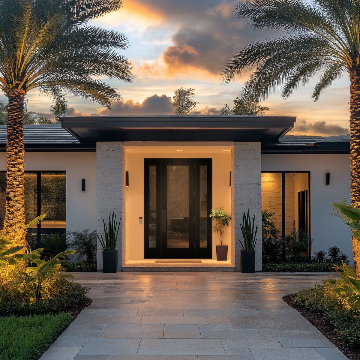 Hurricane-rated full lite flush glazed fiberglass entry door with clear glass, shown installed