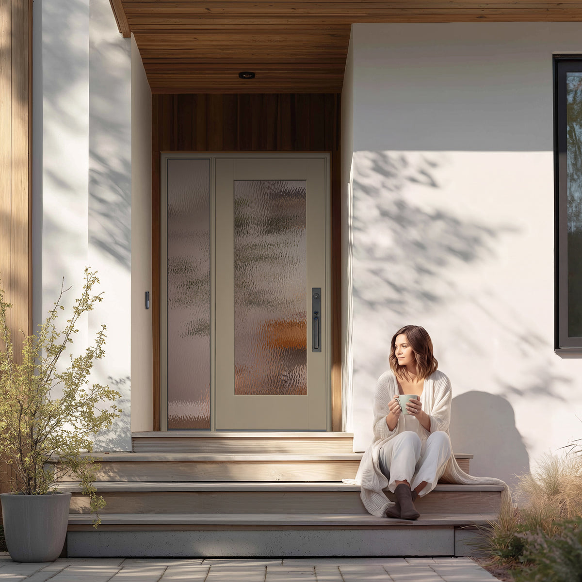 Full lite flush glazed fiberglass entry door with Double Waterglass glass, shown installed