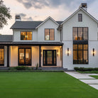 Full lite flush glazed fiberglass entry door with grilles between the glass, shown installed
