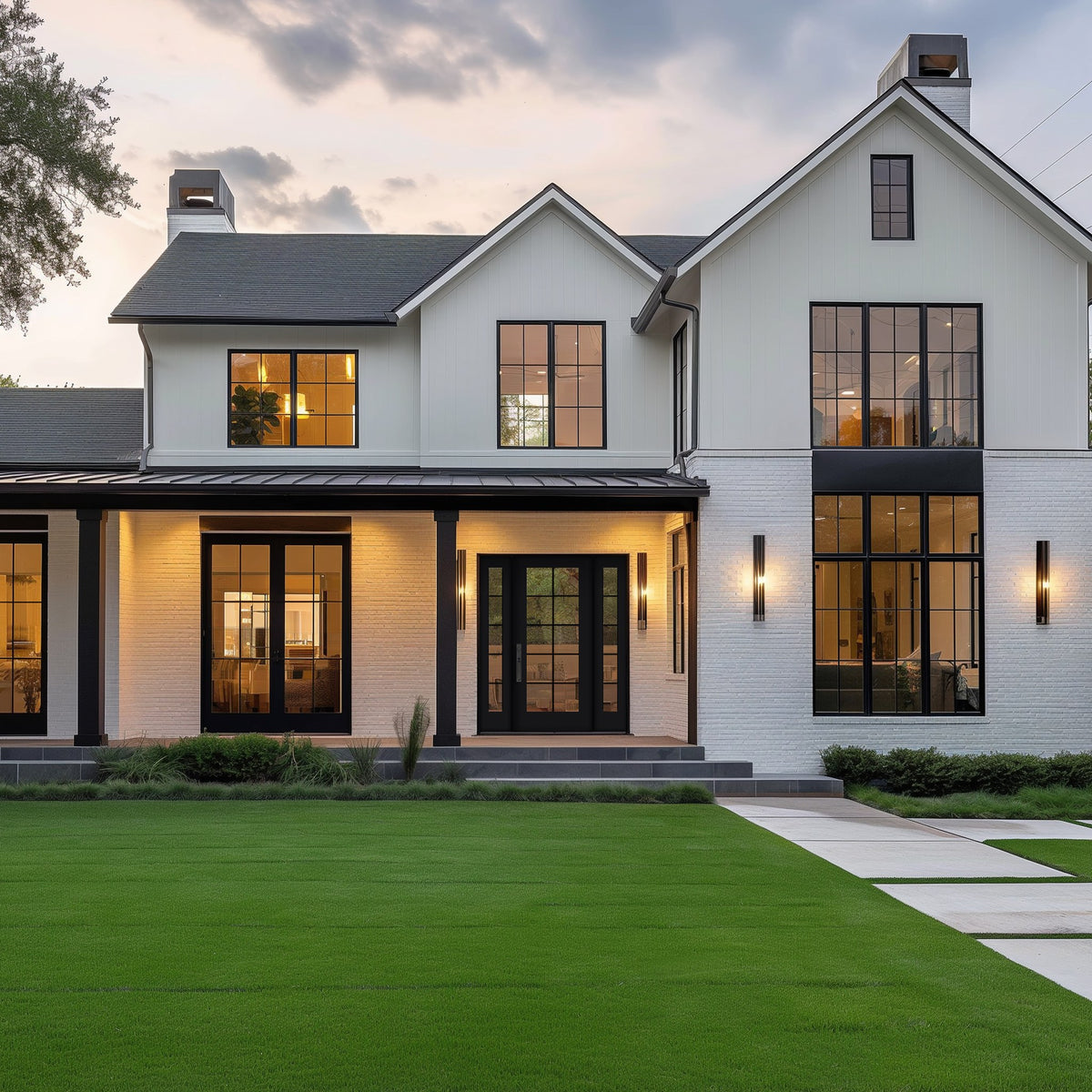 Full lite flush glazed fiberglass entry door with grilles between the glass, shown installed