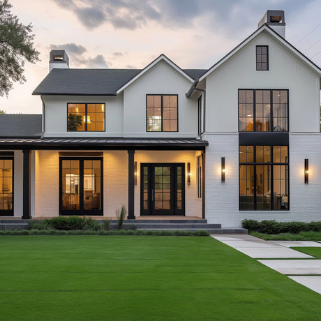Full lite flush glazed fiberglass entry door with grilles between the glass, shown installed