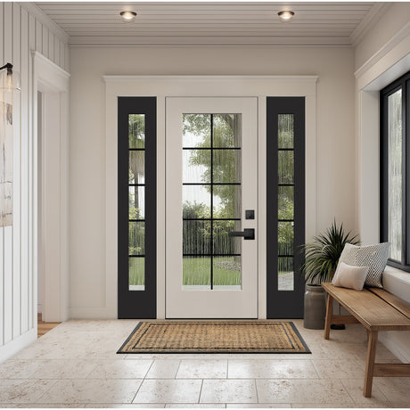 Hurricane-rated full lite flush glazed fiberglass entry door with grilles between the glass, shown installed