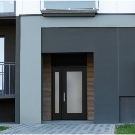 Full lite flush glazed fiberglass entry door with Micro-Granite glass, shown installed