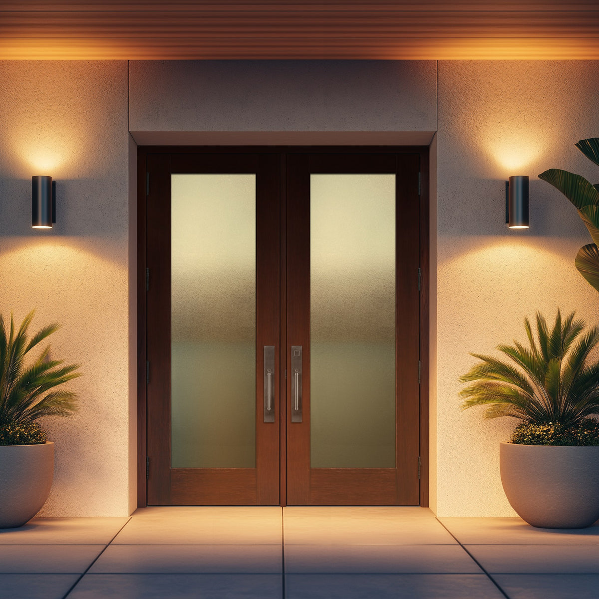 Hurricane-rated full lite flush glazed fiberglass entry door with Micro-Granite glass, shown installed