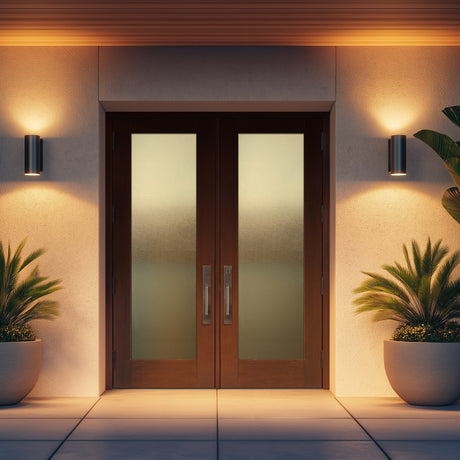 Hurricane-rated full lite flush glazed fiberglass entry door with Micro-Granite glass, shown installed