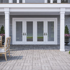 Full lite flush glazed fiberglass entry door with raise and lower blinds between the glass, shown installed