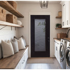 Full lite flush glazed fiberglass entry door with raise and lower blinds between the glass, shown installed