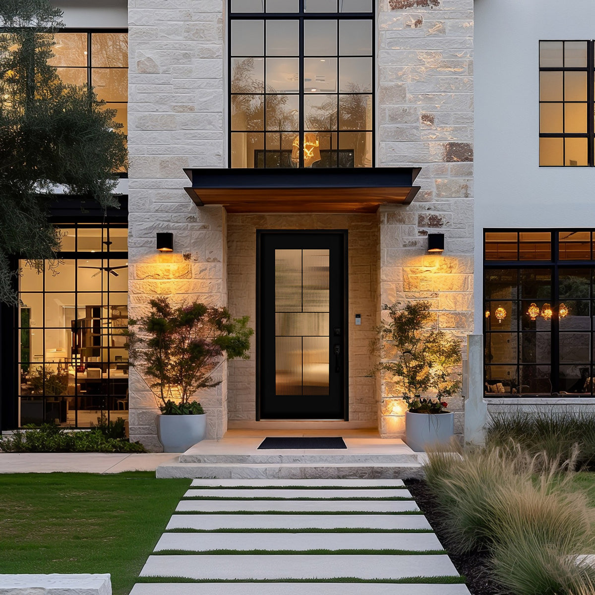 Black full lite fiberglass entry door with Rill glass on a stone and white home at dusk