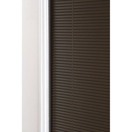 Edge view of blinds sealed between the glass of a door