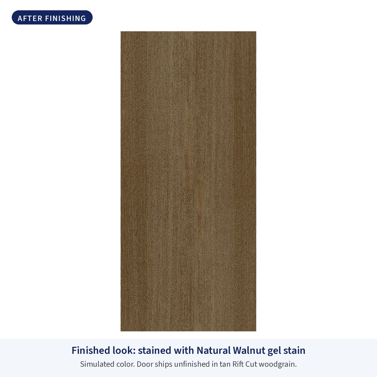 Flush Rift Cut fiberglass entry door, shown after finishing with Natural Walnut gel stain (simulated color)