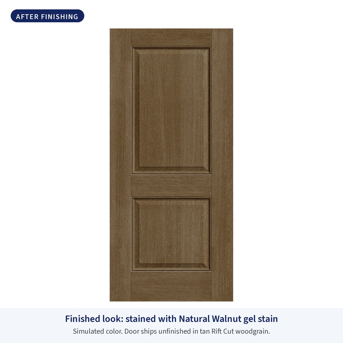 2 Panel Rift Cut fiberglass entry door, shown after finishing with Natural Walnut gel stain (simulated color)