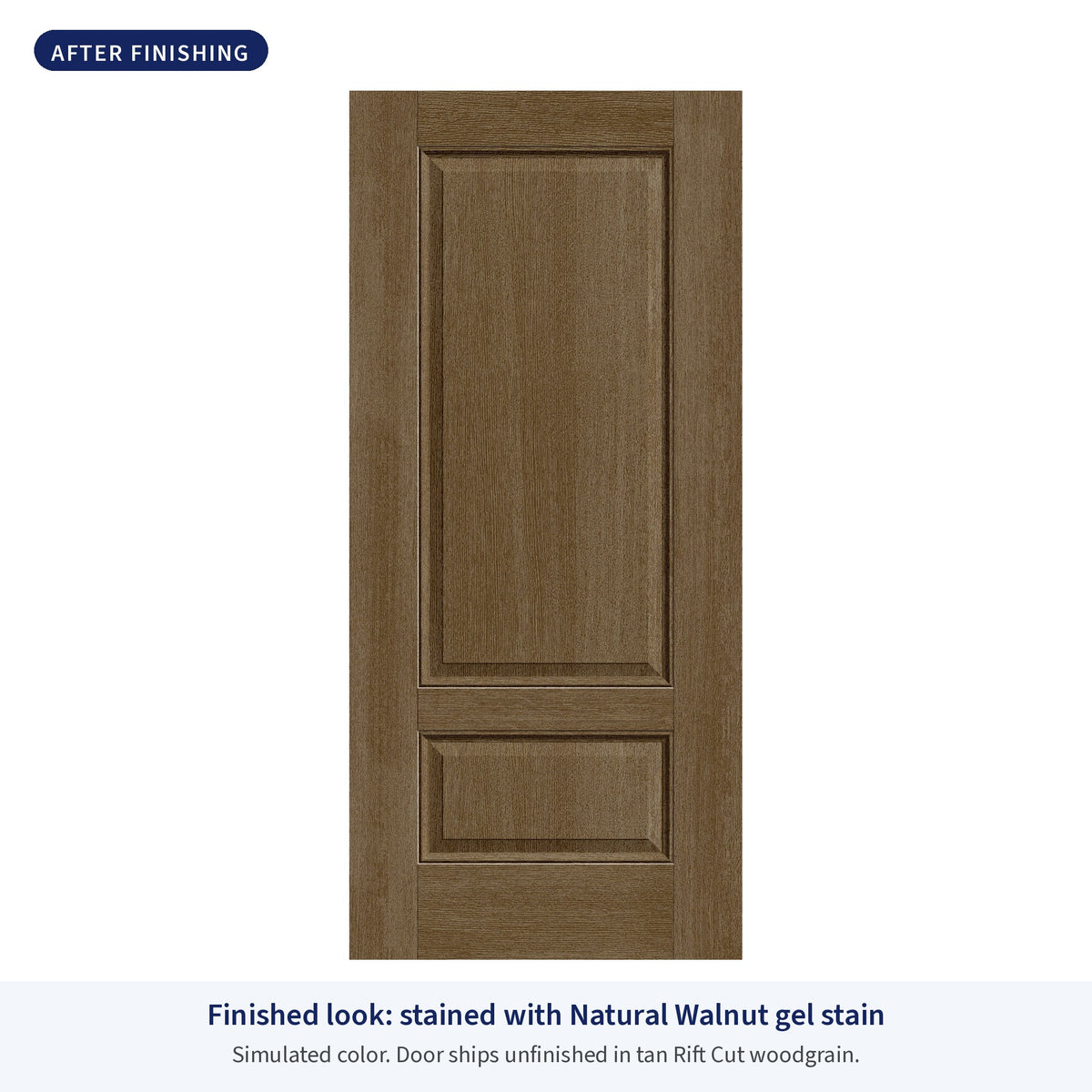 2 Panel 3/4 Rift Cut fiberglass entry door, shown after finishing with Natural Walnut gel stain (simulated color)