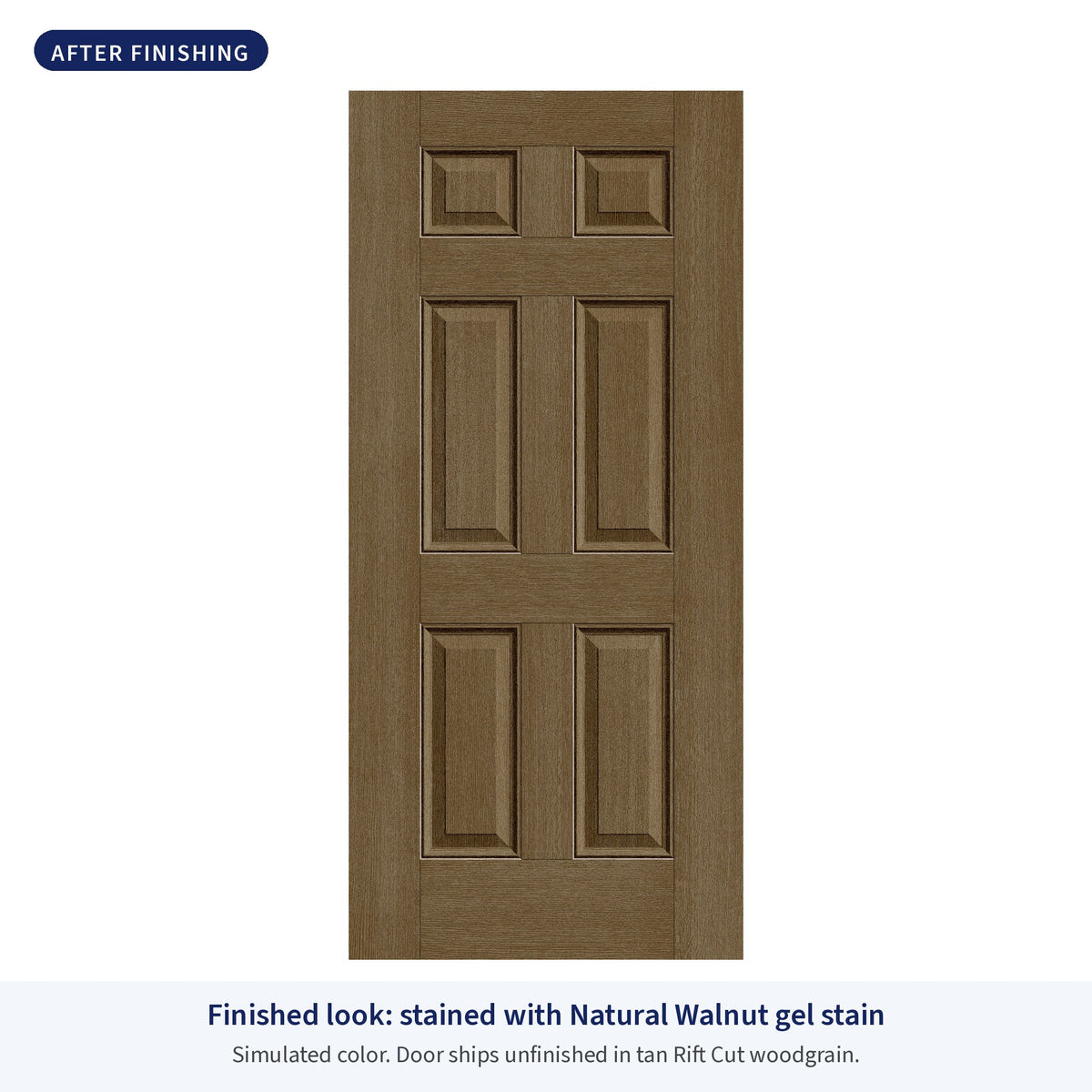 6 Panel Rift Cut fiberglass entry door, shown after finishing with Natural Walnut gel stain (simulated color)
