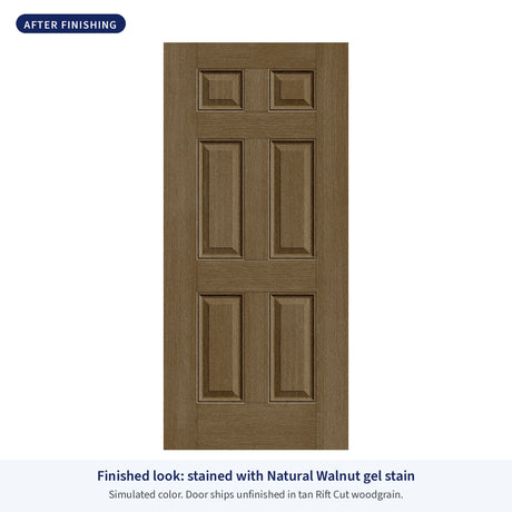 6 Panel Rift Cut fiberglass entry door, shown after finishing with Natural Walnut gel stain (simulated color)