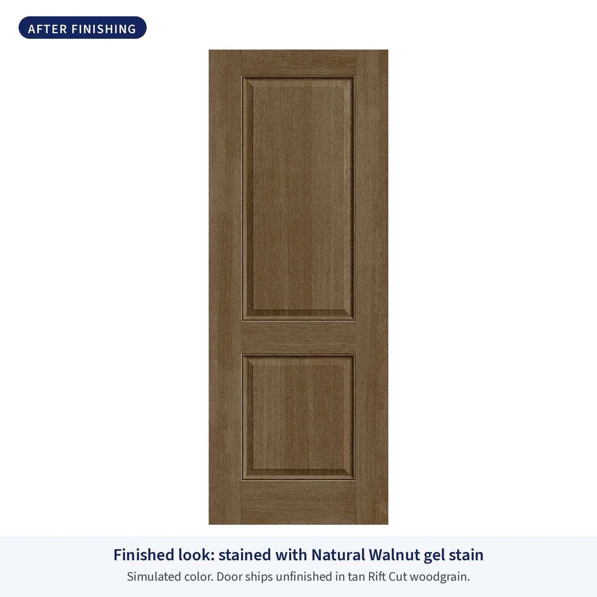 2 Panel Rift Cut fiberglass entry door, shown after finishing with Natural Walnut gel stain (simulated color)