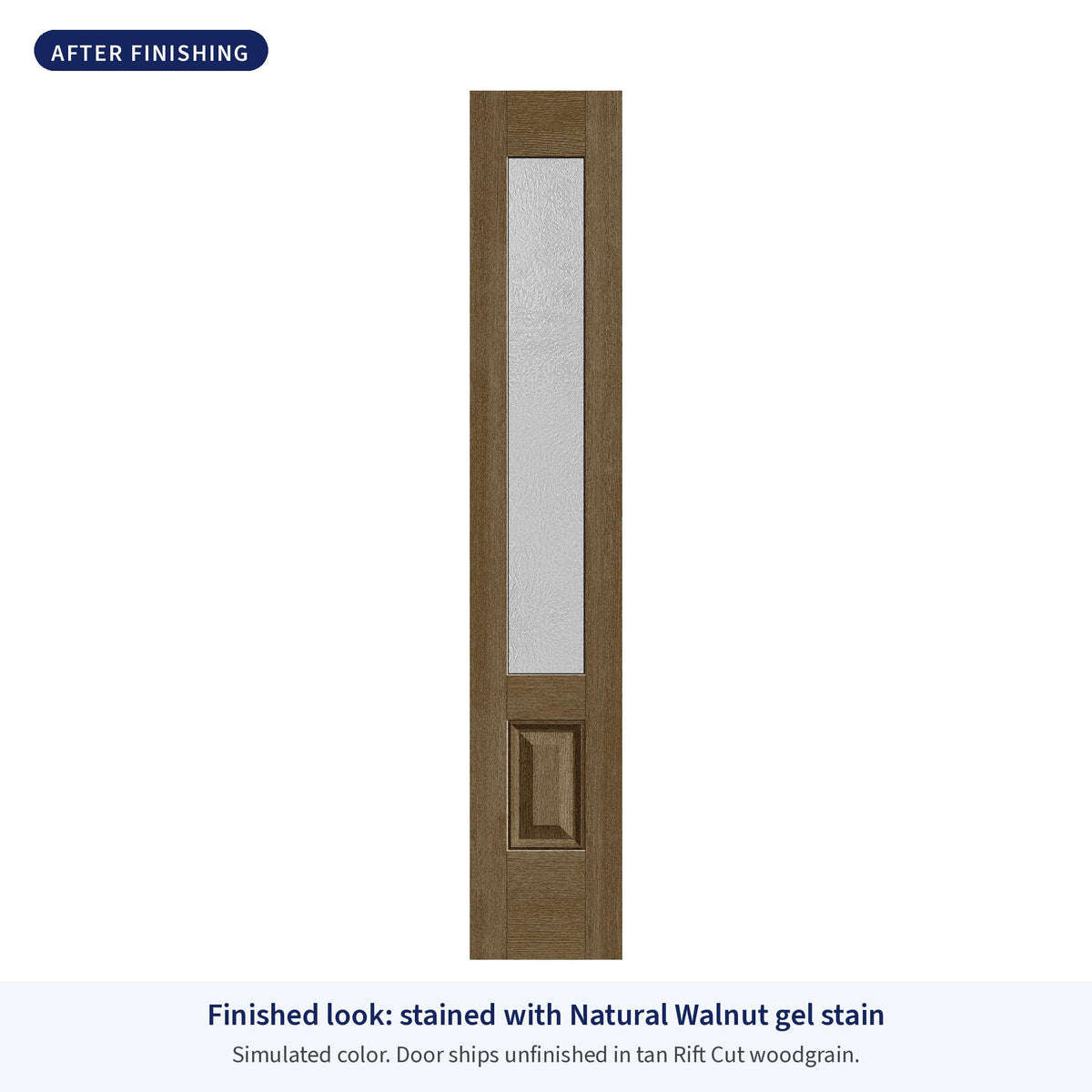 3/4 lite flush glazed Rift Cut fiberglass sidelite with Micro-Granite glass, shown after finishing with Natural Walnut gel stain (simulated color)