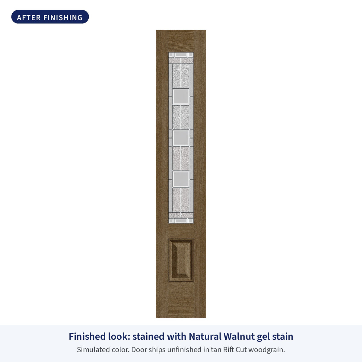 3/4 lite flush glazed Rift Cut fiberglass sidelite with Austin glass, shown after finishing with Natural Walnut gel stain (simulated color)