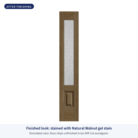 3/4 lite flush glazed Rift Cut fiberglass sidelite with Rain glass, shown after finishing with Natural Walnut gel stain (simulated color)