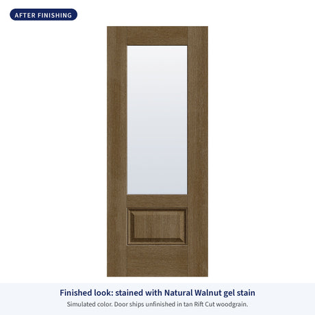 3/4 lite flush glazed Rift Cut fiberglass entry door with clear glass, shown after finishing with Natural Walnut gel stain (simulated color)