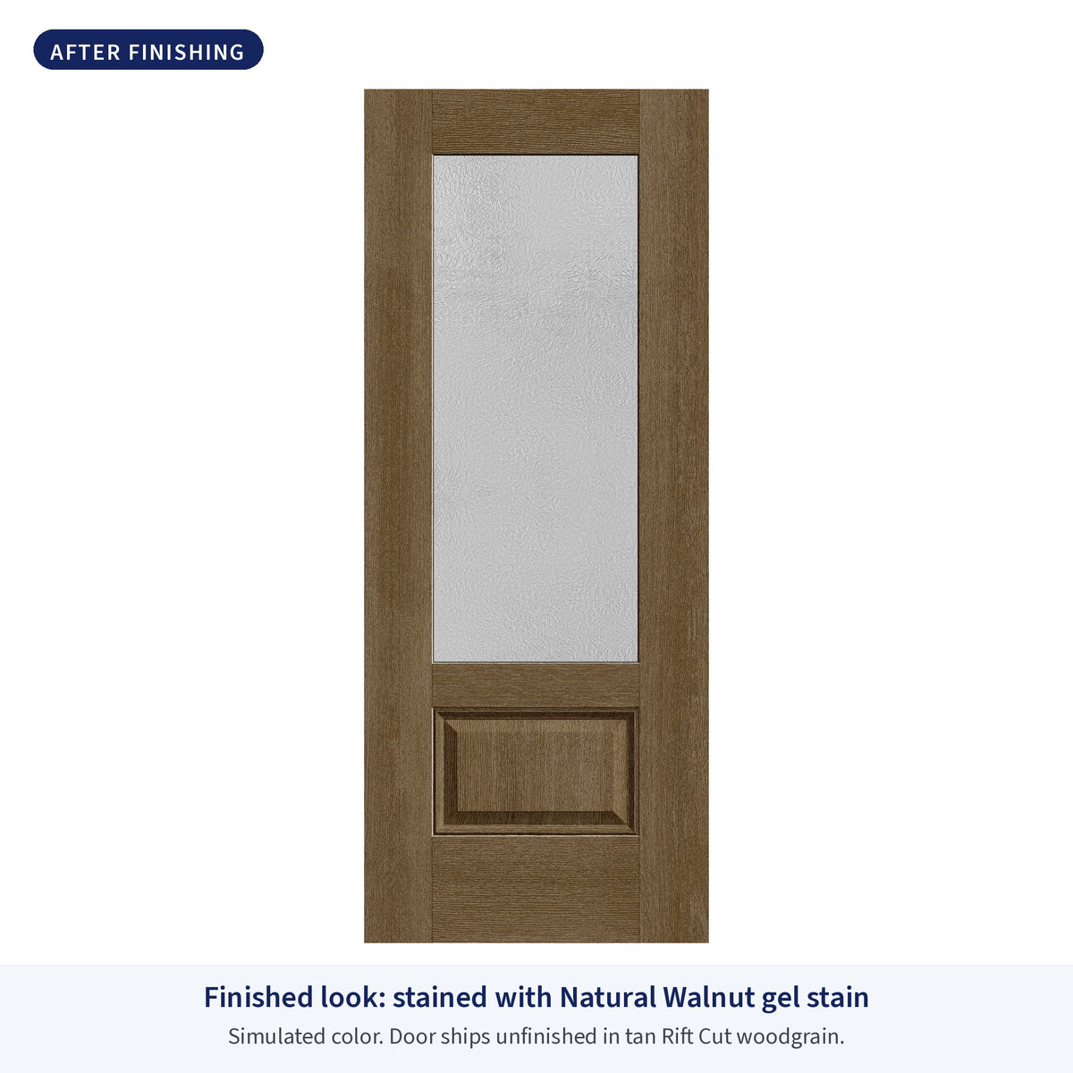 3/4 lite flush glazed Rift Cut fiberglass entry door with Micro-Granite glass, shown after finishing with Natural Walnut gel stain (simulated color)