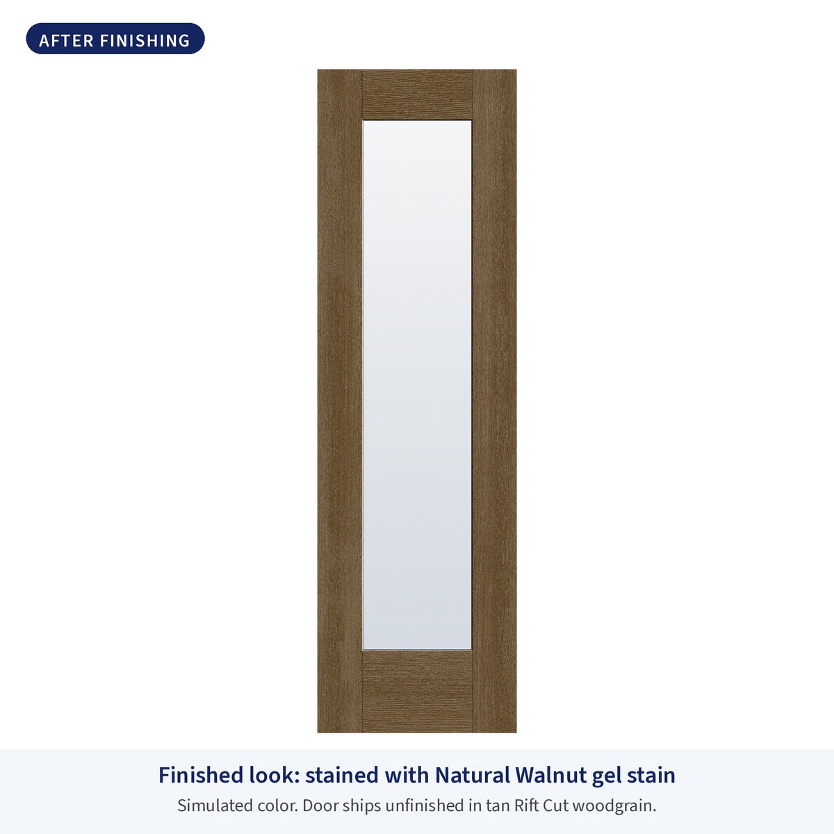 Full lite flush glazed Rift Cut fiberglass entry door with clear glass, shown after finishing with Natural Walnut gel stain (simulated color)