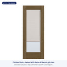 Full lite flush glazed Rift Cut fiberglass entry door with raise and lower blinds, shown after finishing with Natural Walnut gel stain (simulated color)