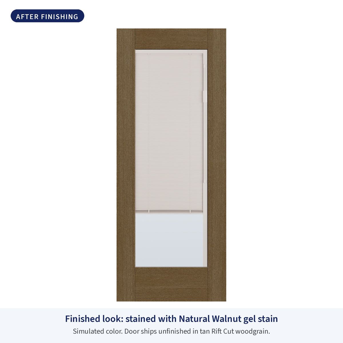 Full lite flush glazed Rift Cut fiberglass entry door with raise and lower blinds, shown after finishing with Natural Walnut gel stain (simulated color)