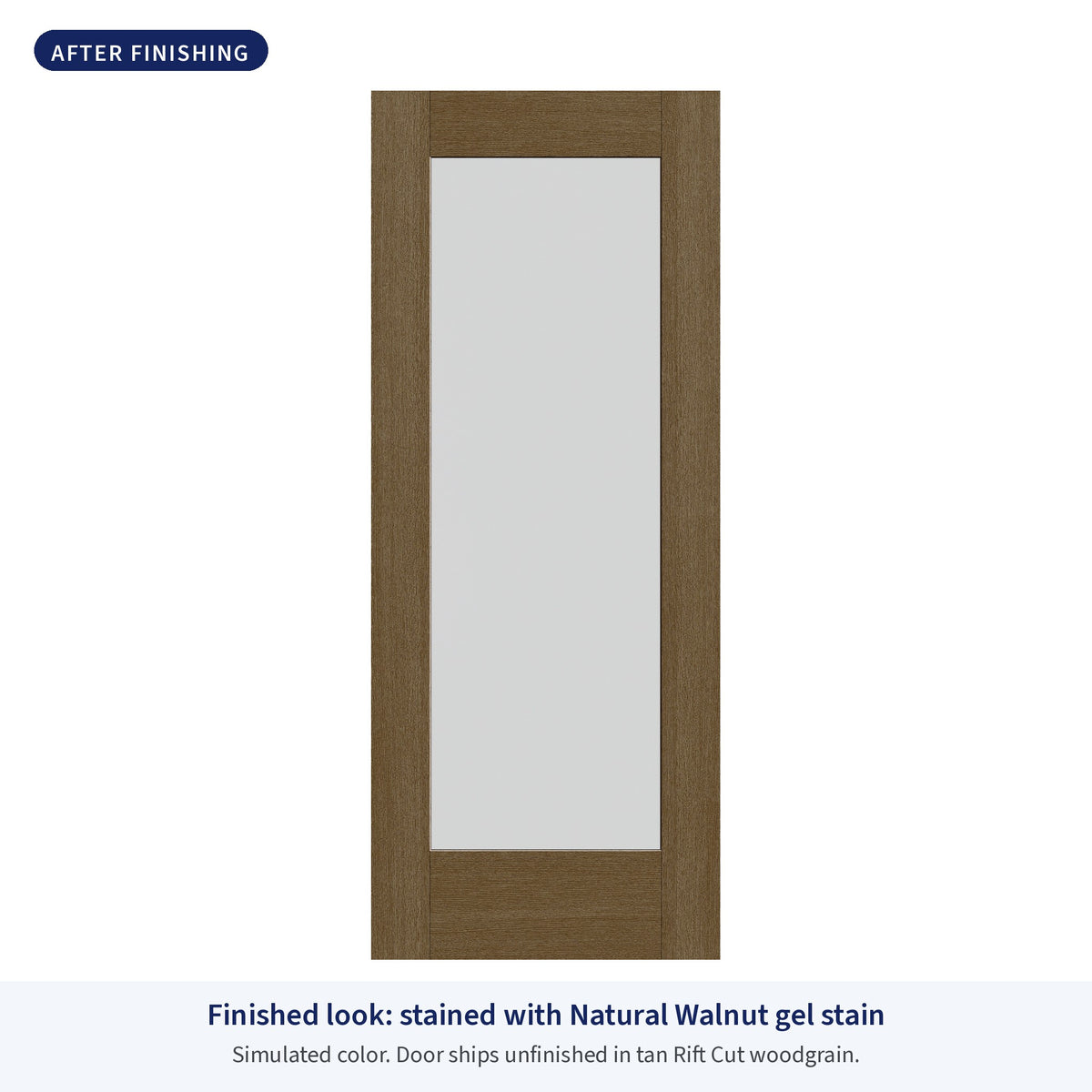 Full lite flush glazed Rift Cut fiberglass entry door with frosted glass, shown after finishing with Natural Walnut gel stain (simulated color)