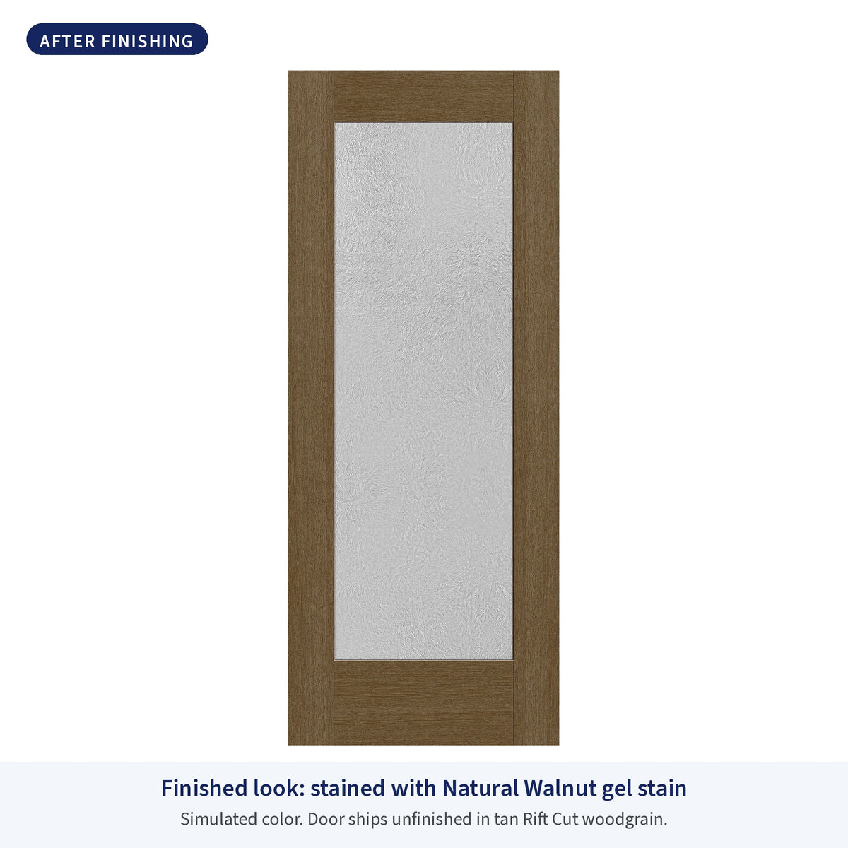Full lite flush glazed Rift Cut fiberglass entry door with Micro-Granite glass, shown after finishing with Natural Walnut gel stain (simulated color)