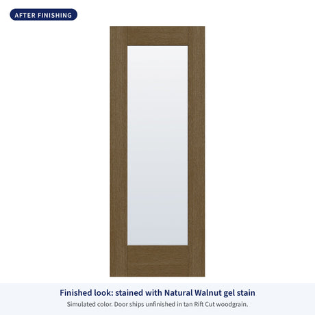 Full lite flush glazed Rift Cut fiberglass entry door with clear glass, shown after finishing with Natural Walnut gel stain (simulated color)