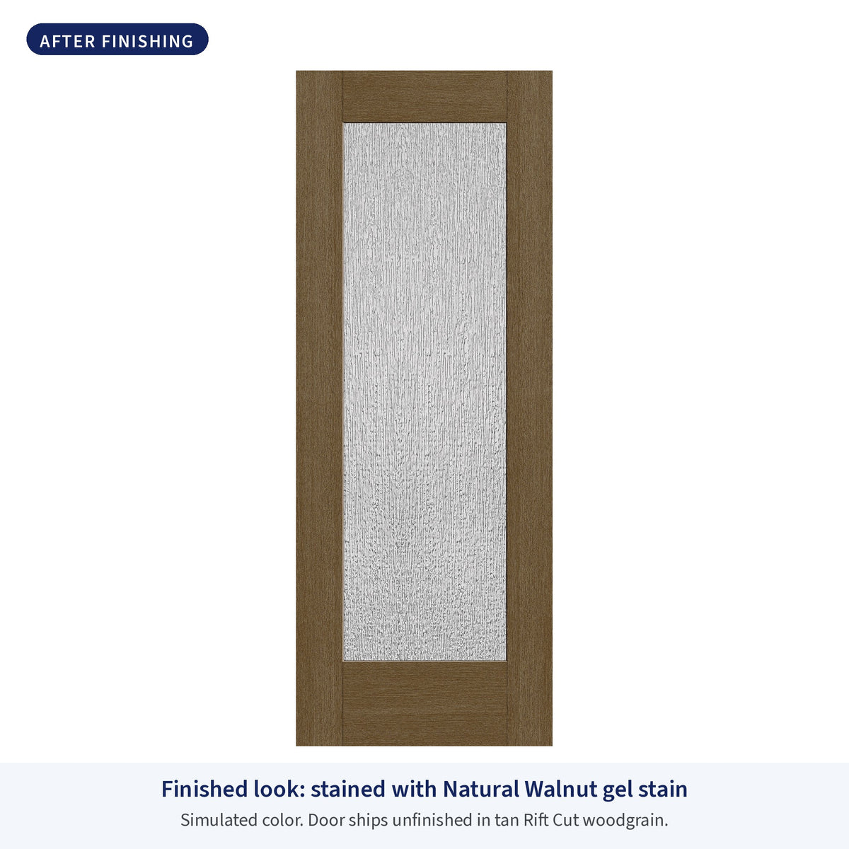 Full lite flush glazed Rift Cut fiberglass entry door with Rain glass, shown after finishing with Natural Walnut gel stain (simulated color)