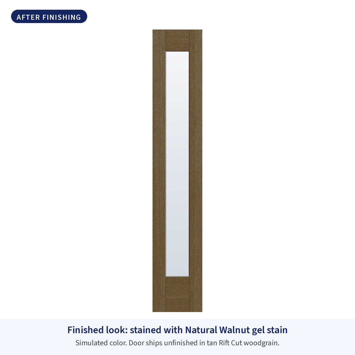 Full lite flush glazed Rift Cut fiberglass sidelite with clear glass, shown after finishing with Natural Walnut gel stain (simulated color)