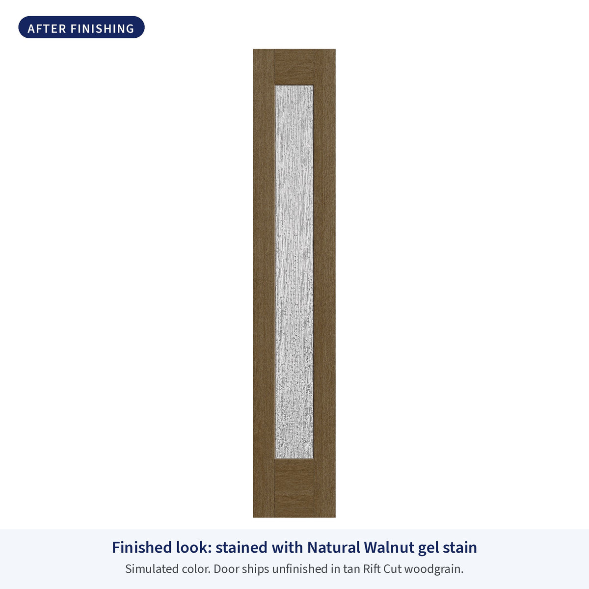 Full lite flush glazed Rift Cut fiberglass sidelite with Rain glass, shown after finishing with Natural Walnut gel stain (simulated color)