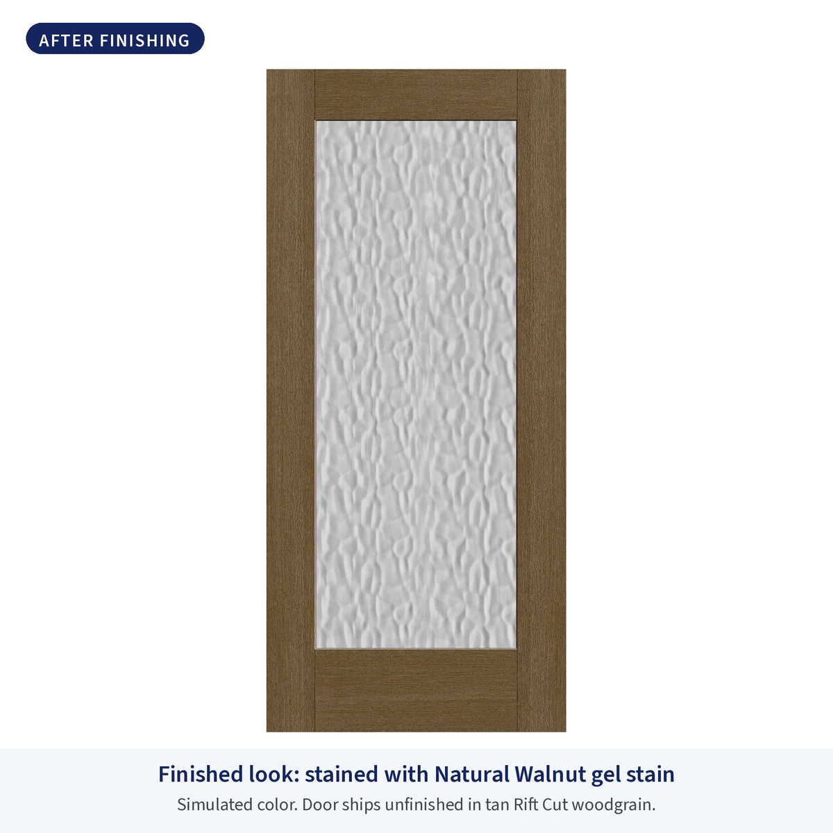 Full lite flush glazed Rift Cut fiberglass entry door with Vapor glass, shown after finishing with Natural Walnut gel stain (simulated color)
