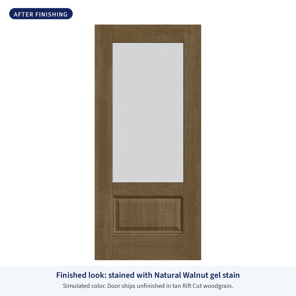 3/4 lite flush glazed Rift Cut fiberglass entry door with frosted glass, shown after finishing with Natural Walnut gel stain (simulated color)