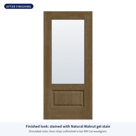 3/4 lite flush glazed Rift Cut fiberglass entry door with clear glass, shown after finishing with Natural Walnut gel stain (simulated color)