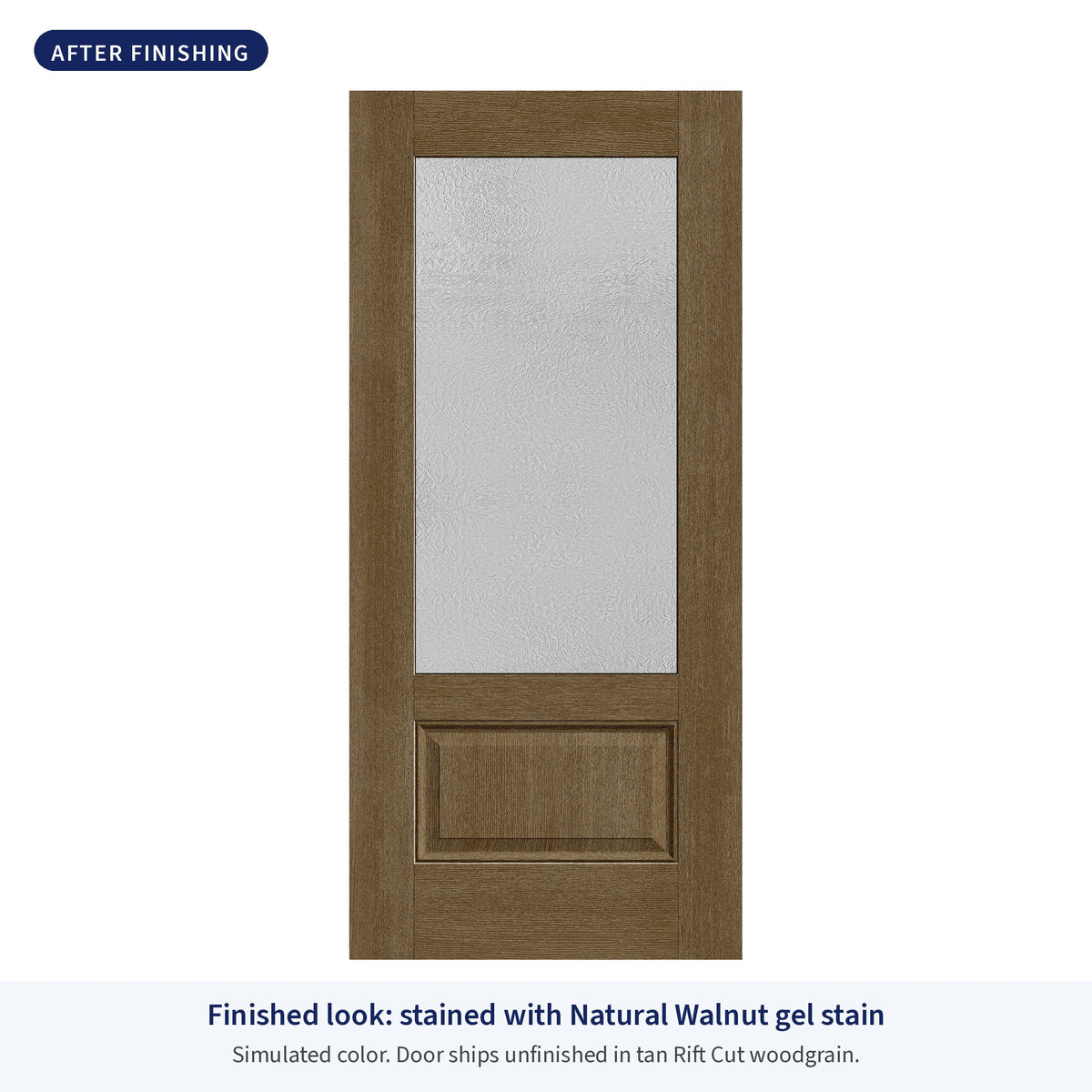 3/4 lite flush glazed Rift Cut fiberglass entry door with Micro-Granite glass, shown after finishing with Natural Walnut gel stain (simulated color)