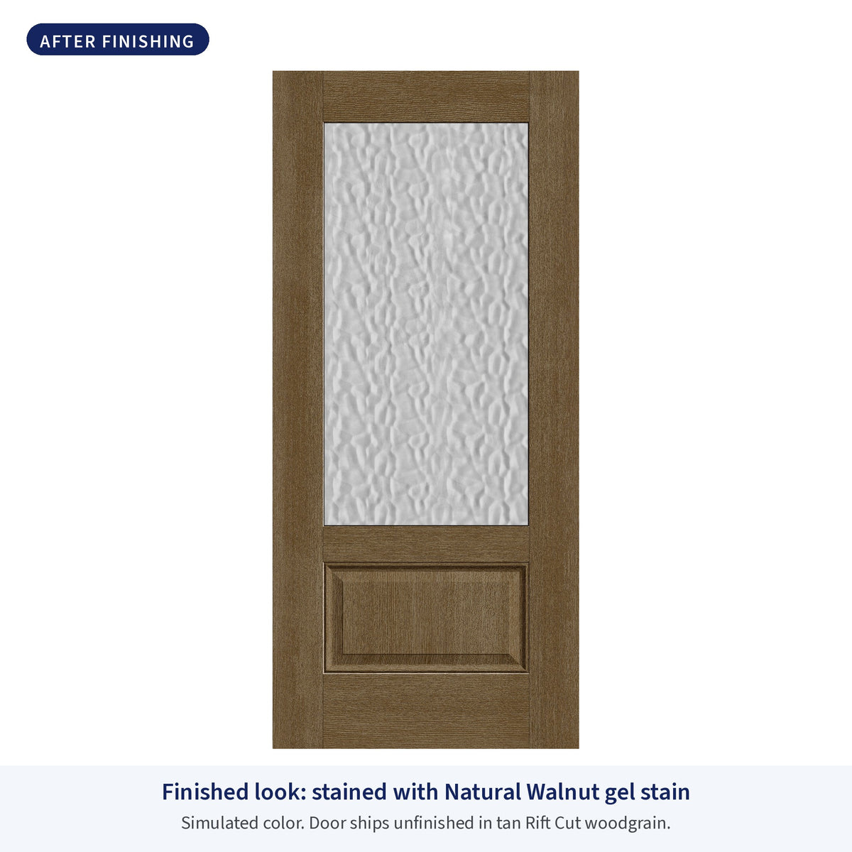 3/4 lite flush glazed Rift Cut fiberglass entry door with Vapor glass, shown after finishing with Natural Walnut gel stain (simulated color)